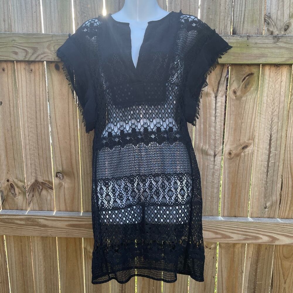 BCBG Maxazria black lace deep v neck sheer beach coverup